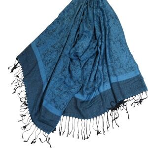Pashmina Women Scarf OS Teal Blue Paisley Silk Blend Tassel Fringe Shawl Wrap